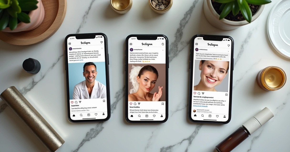 Diversos conteúdos de Instagram no celular ilustrando dicas dermatológicas 