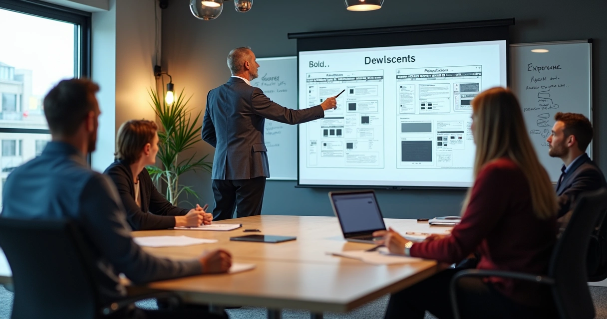 Equipe reunida em frente à tela planejando o conteúdo de um site 