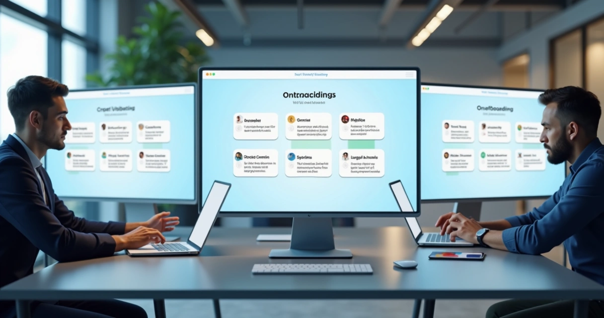 Tela de plataforma digital com módulos curtos de integração exibidos em computadores 