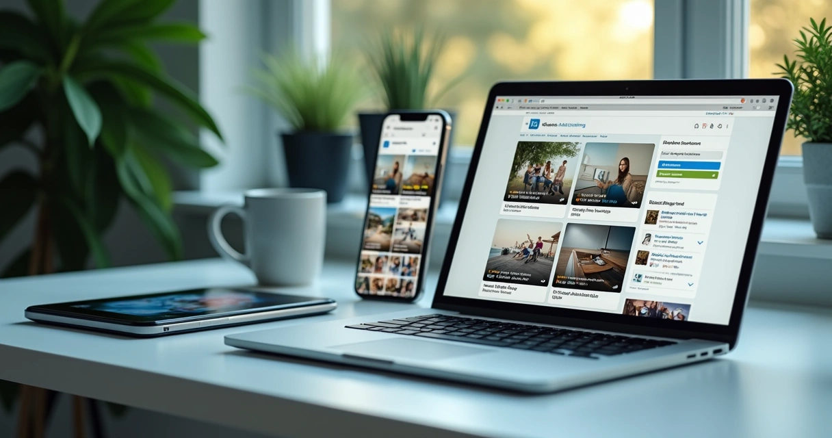 Smartphone, tablet e notebook mostrando conteúdo integrado no blog e em redes sociais. 