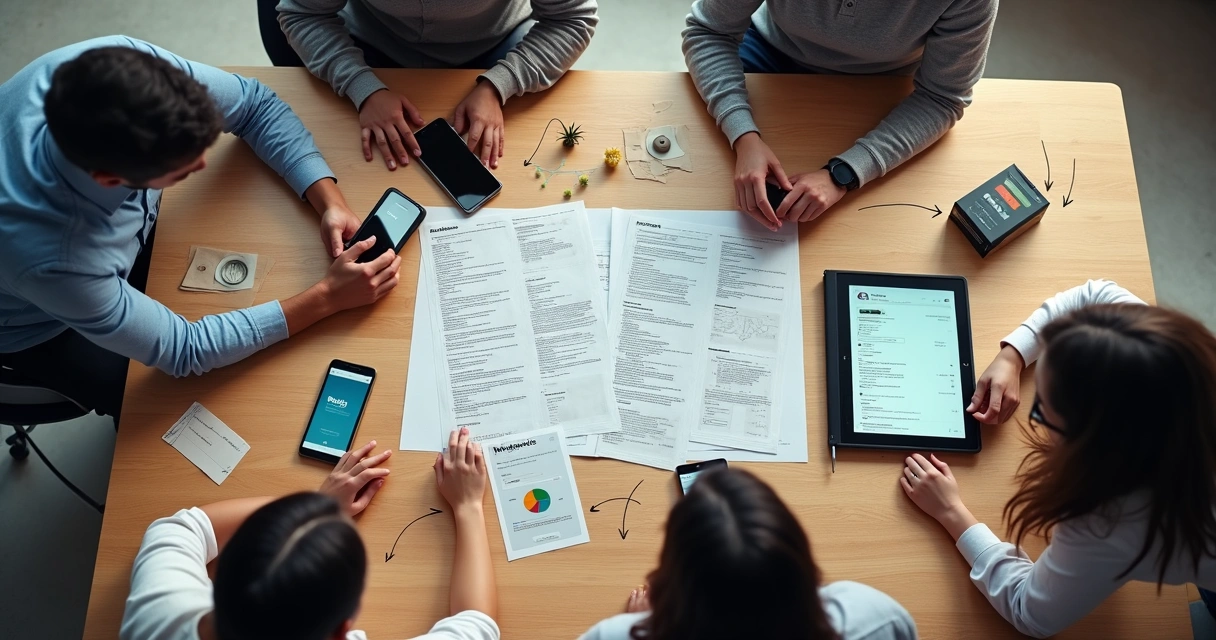 Equipe reunida integrando blog, redes sociais e WhatsApp em fluxo visual de conteúdo 