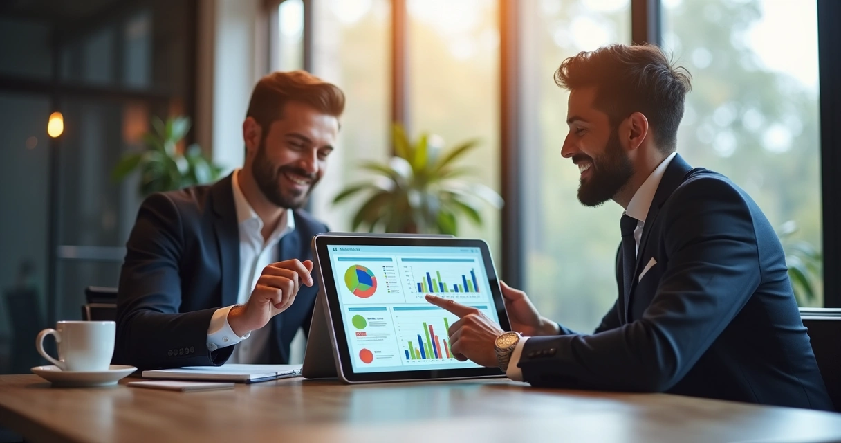 Empresários usando conteúdo interativo em tablet 