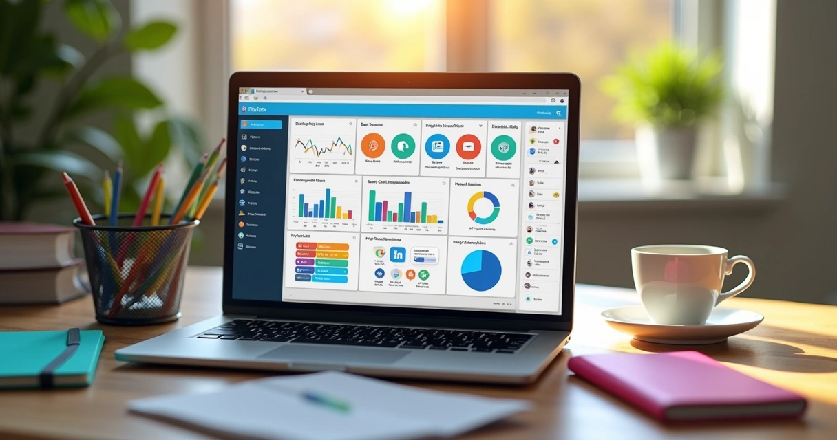 Mesa de trabalho com notebook exibindo tela interativa de redes sociais, ao redor há smartphone, cadernos coloridos, canetas e xícara de café 