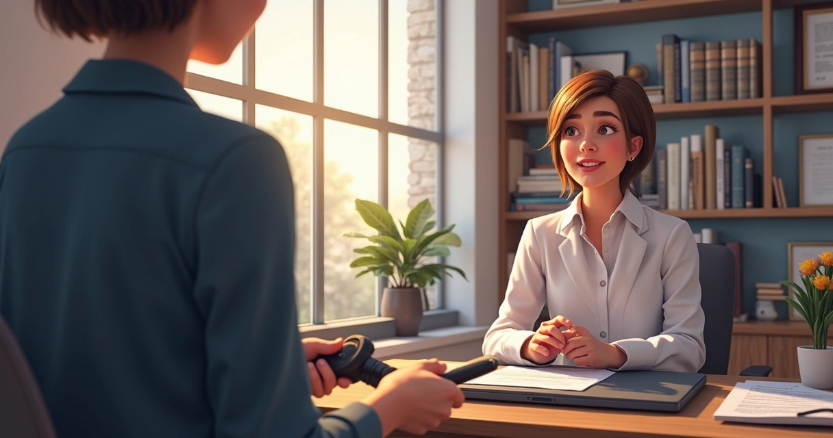 Advogado gravando vídeo informativo em escritório com livros e luz natural 