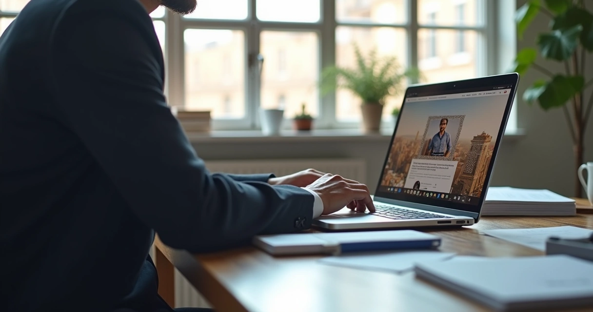 Advogado produzindo carrossel de conteúdo jurídico para Instagram em notebook 