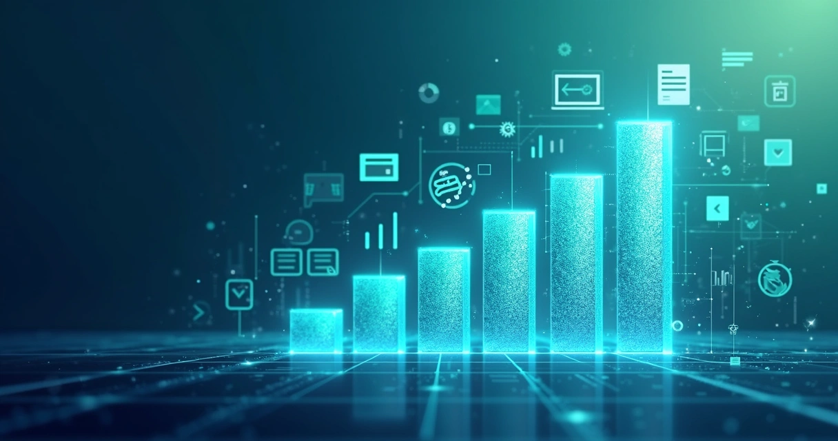 Infográfico colorido com gráfico de barras e elementos digitais 