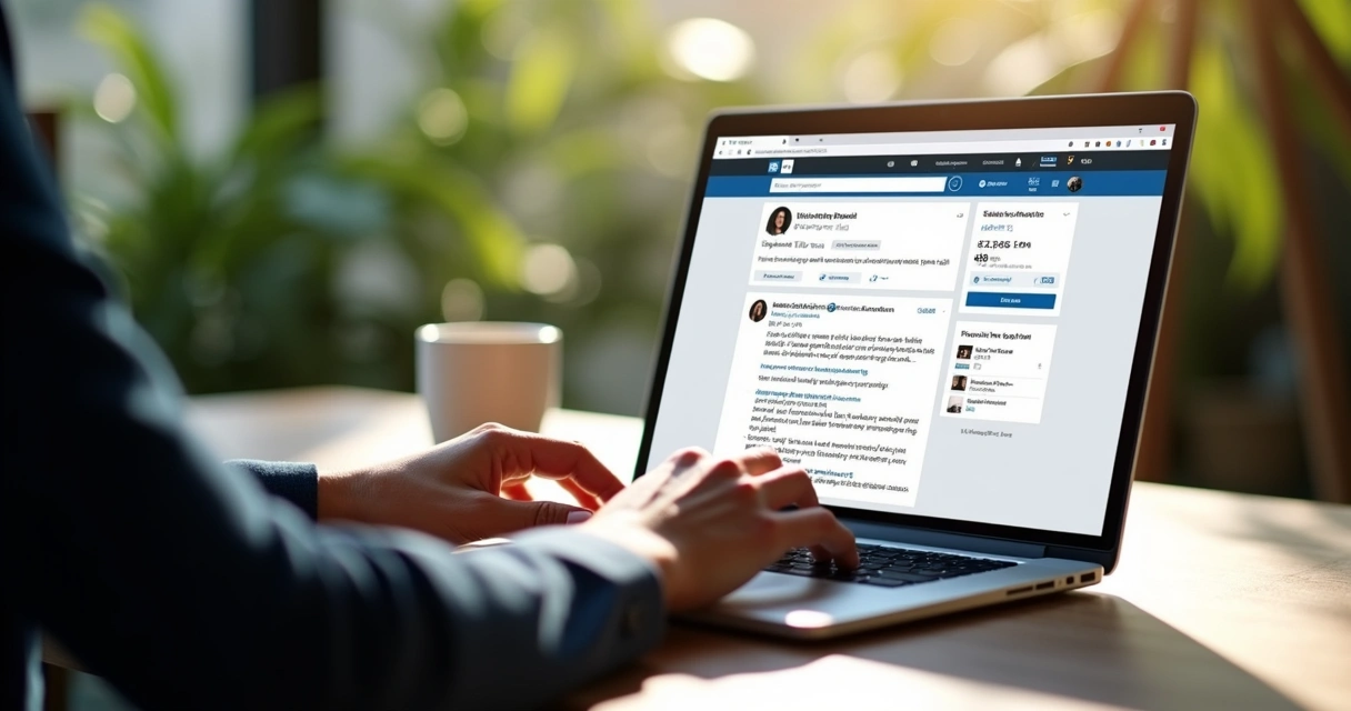 Profissional desenvolvendo post para LinkedIn em tela com destaque para assinatura de voz e marca pessoal. 