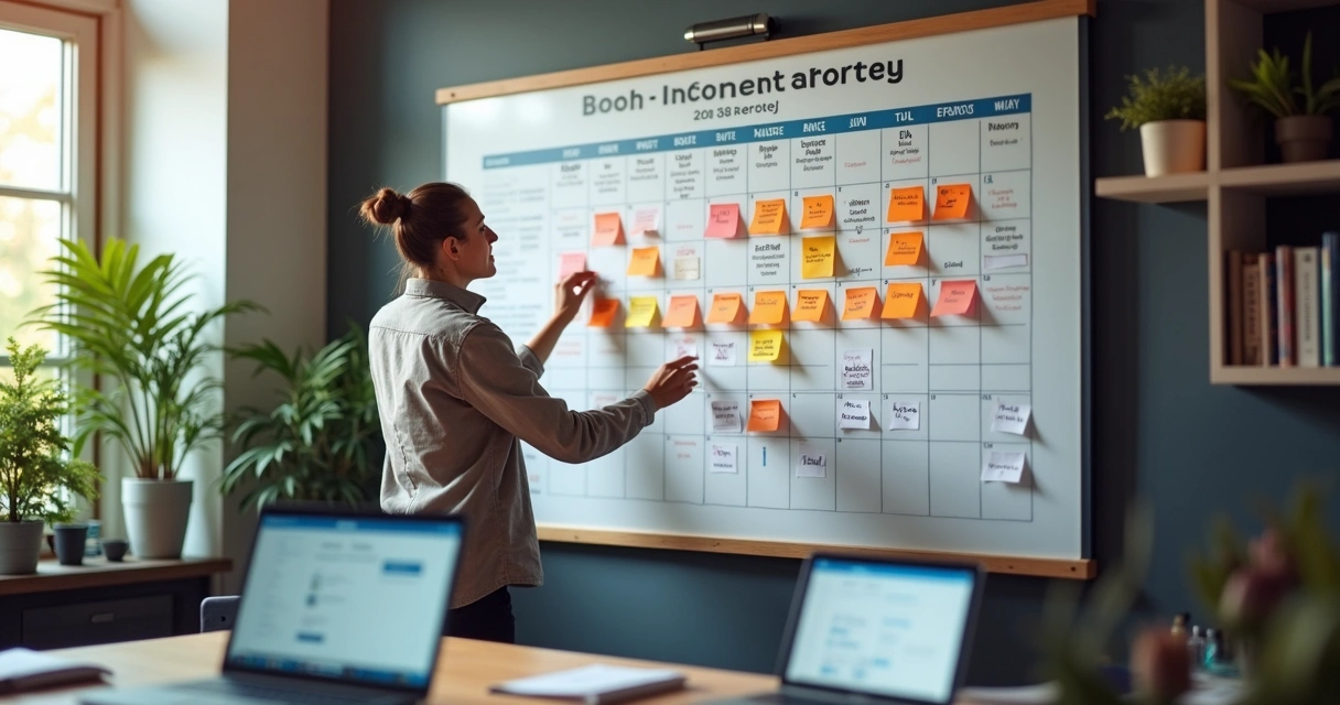 Gestor atualizando calendário de conteúdo digital em escritório