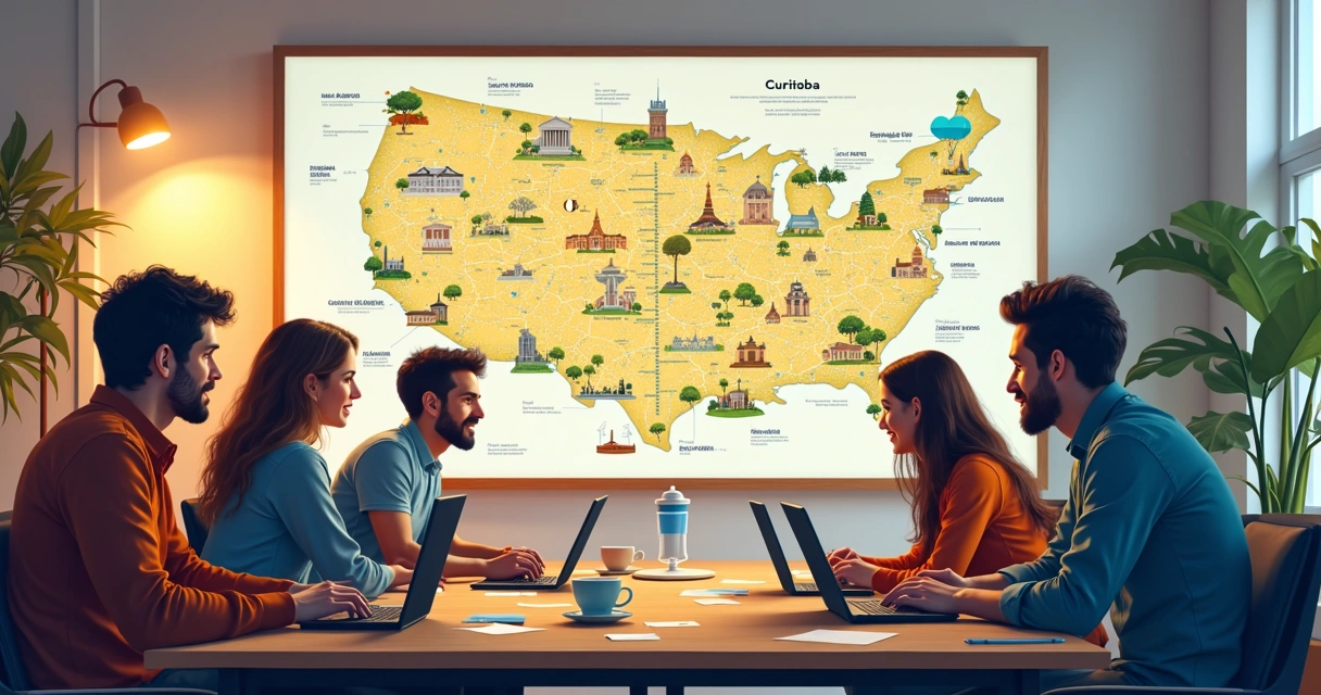 Equipe criando conteúdo digital com mapas e pontos conhecidos de Curitiba 