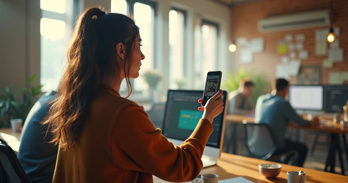 Gravação de bastidores de escritório com celular 