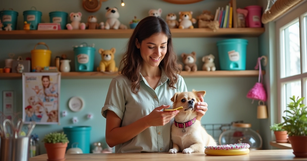 Dona de pet shop gravando vídeo sobre cães para redes sociais