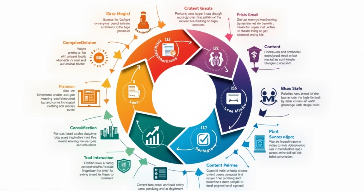 Diagrama colorido de ciclo de marketing com etapas de conteúdo, dados, e interação de leads 