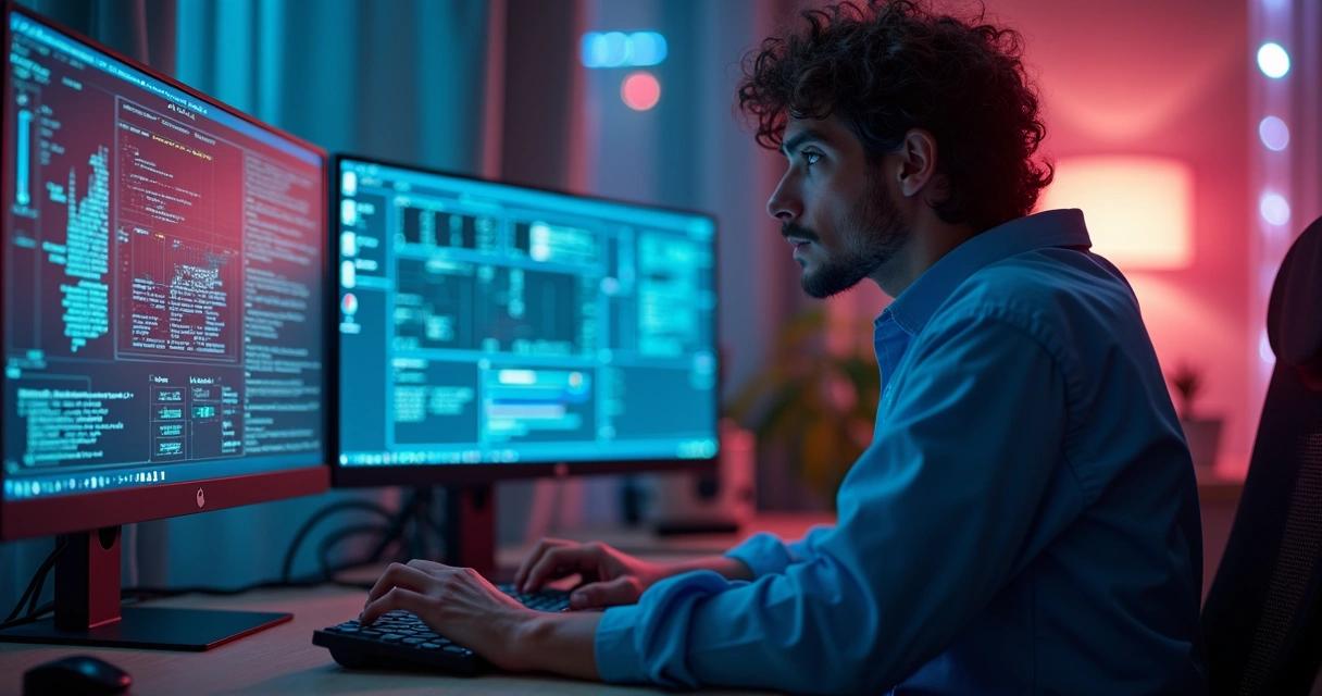 Criador de conteúdo analisando dados no computador em ambiente moderno e iluminado 