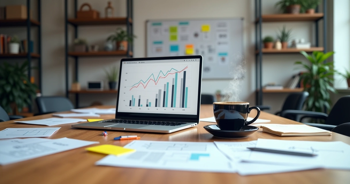 Mesa de trabalho com notebook, gráficos e café, planejamento de conteúdo B2B 