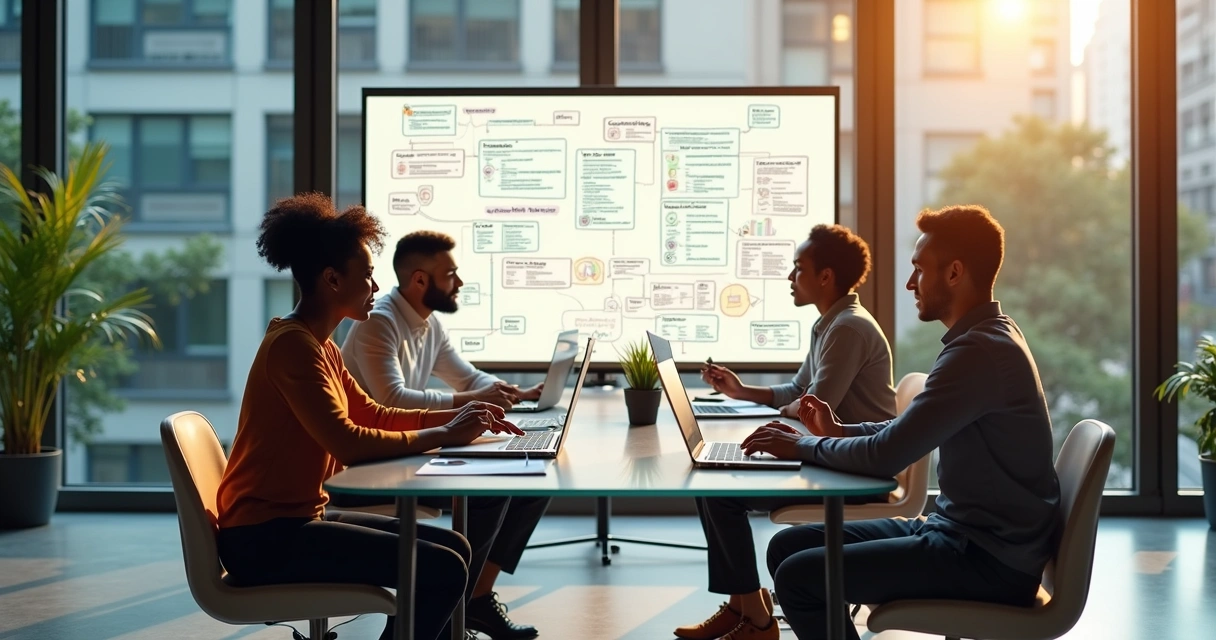 Equipe de marketing criando conteúdo em reunião de brainstorm em sala moderna. 