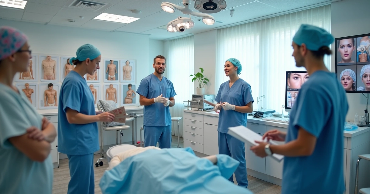 Equipe médica de cirurgia plástica gravando vídeo educativo em consultório.