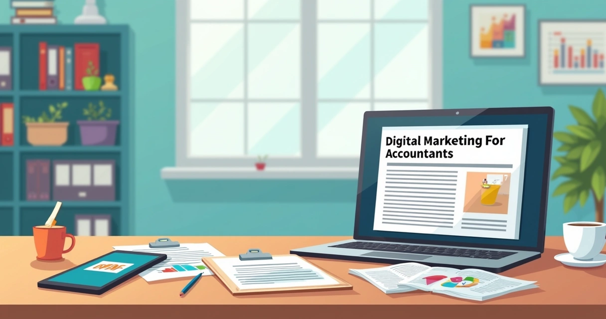 Artigos, vídeos e planilhas de marketing contábil na mesa de um escritório 