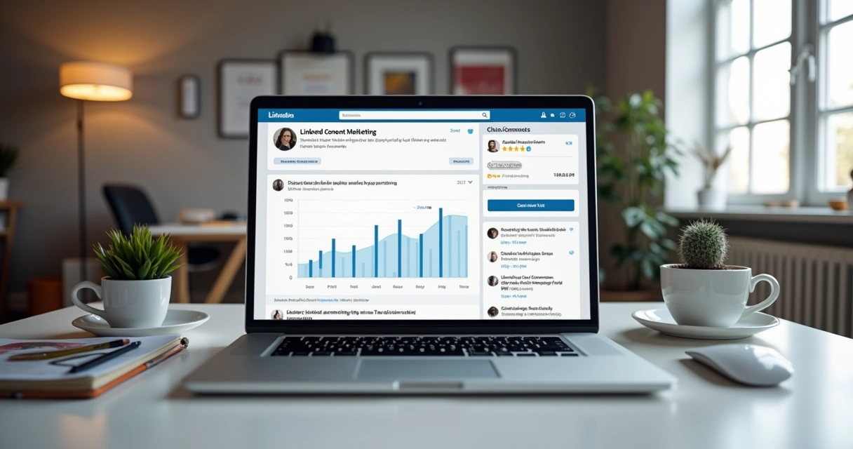 Post de conteúdo de negócio publicado no LinkedIn visto em tela de notebook, com gráficos e comentários. 