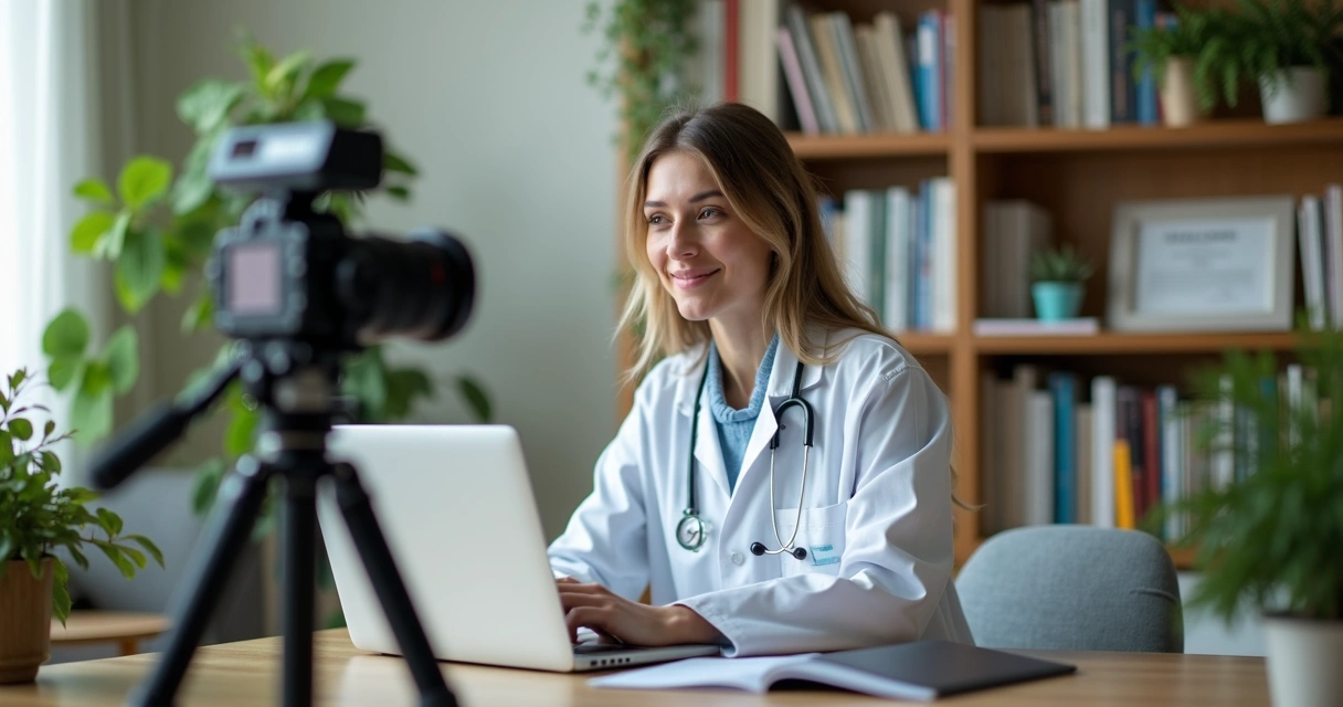 Profissional de saúde produzindo conteúdo digital de alta qualidade 