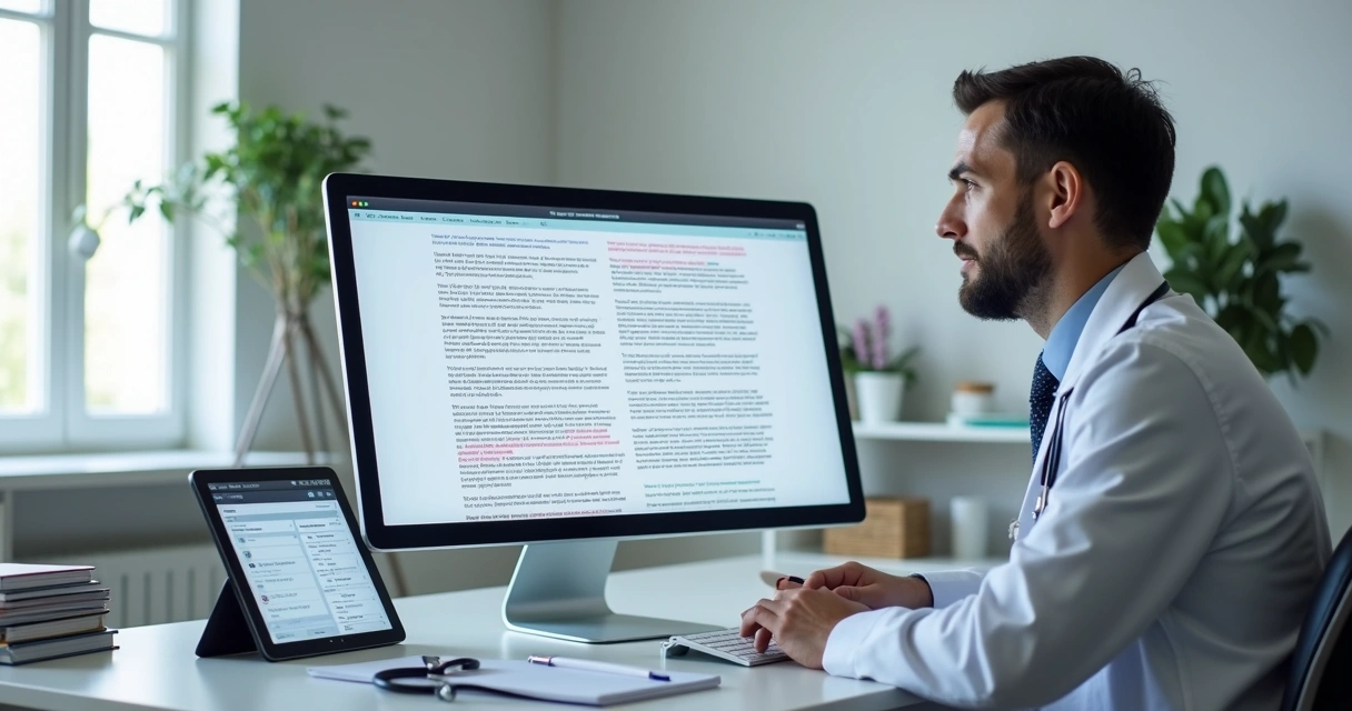 Médico revisando artigo autoral em ambiente digital 
