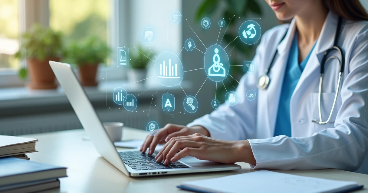 Pessoa digitando artigo médico em notebook com gráficos e plantas de saúde digital 