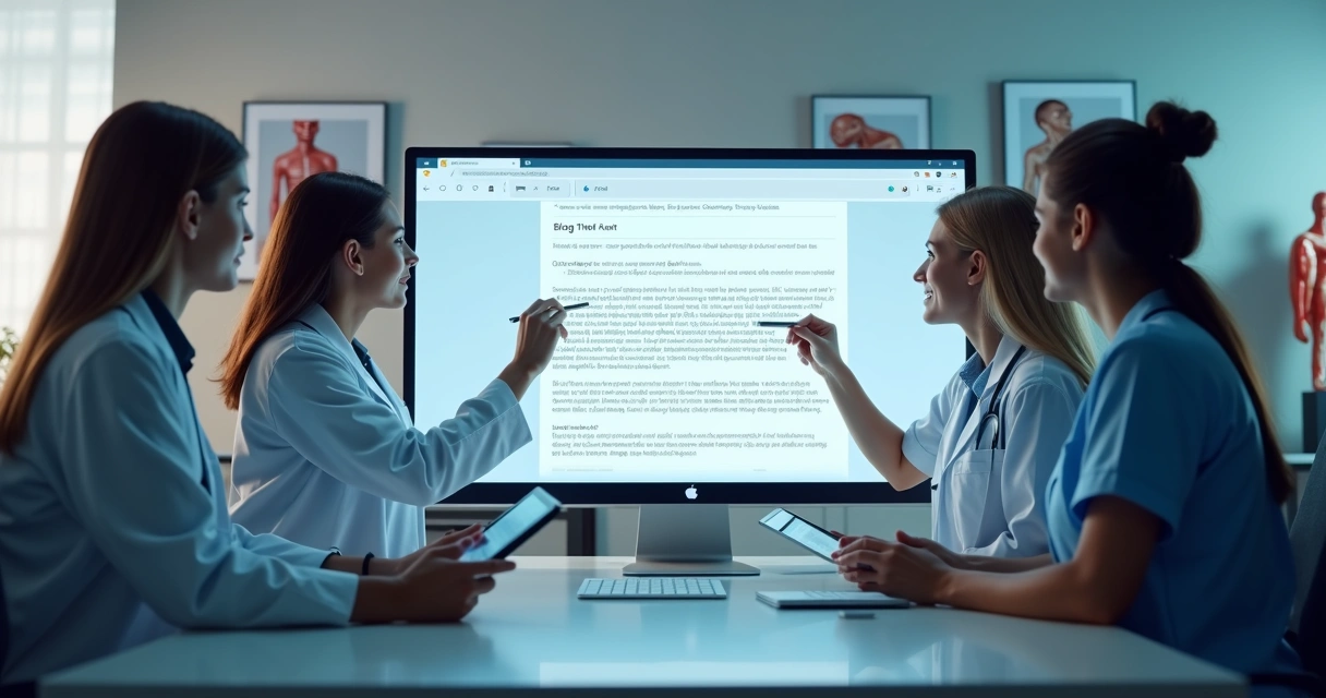 Equipe médica produzindo conteúdo online com IA 