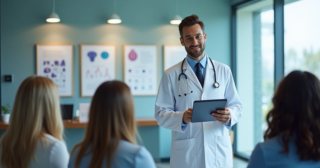 Médico explicando conteúdo médico educativo para pacientes em uma clínica 
