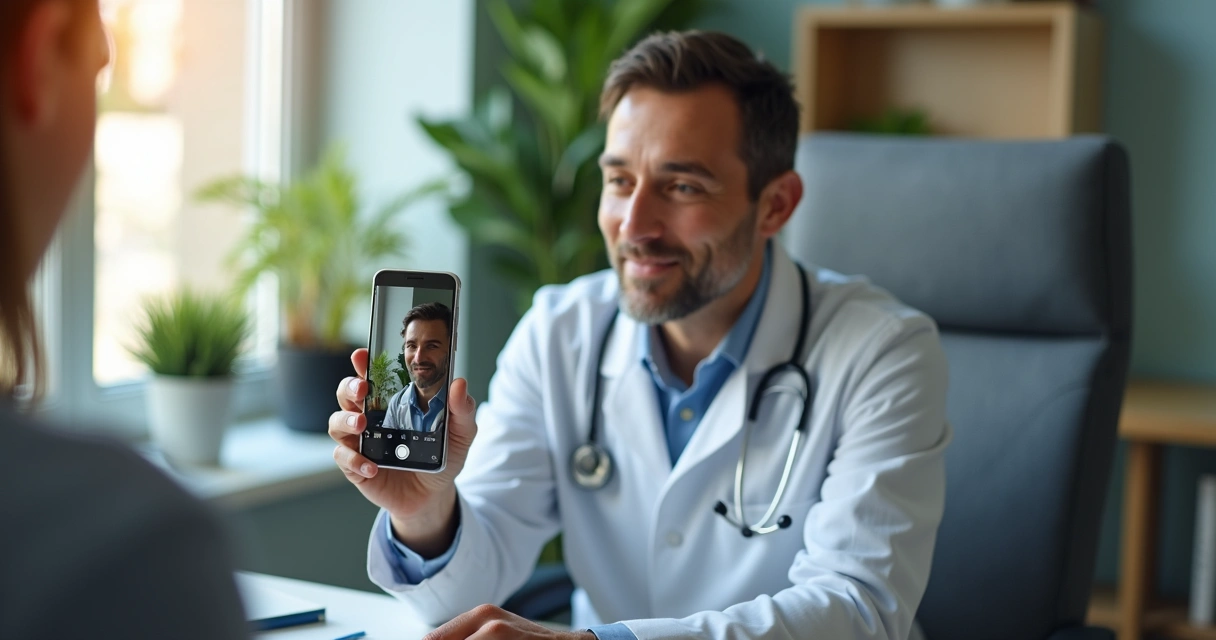 Médica gravando vídeo casualmente no consultório com celular 