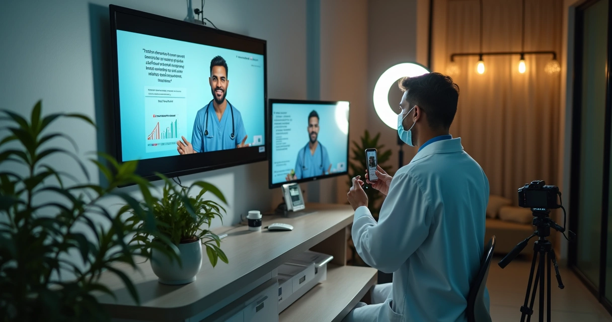 Médico gravando vídeo educativo em consultório com equipamentos modernos 