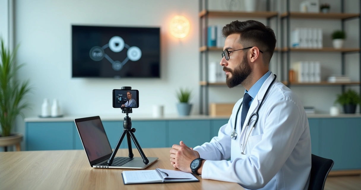 Médico grava vídeo profissional sobre saúde para redes sociais em consultório moderno 