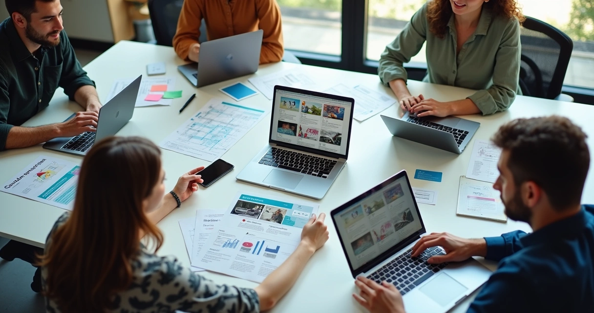 Equipe distribuindo conteúdo de marca em vários canais digitais