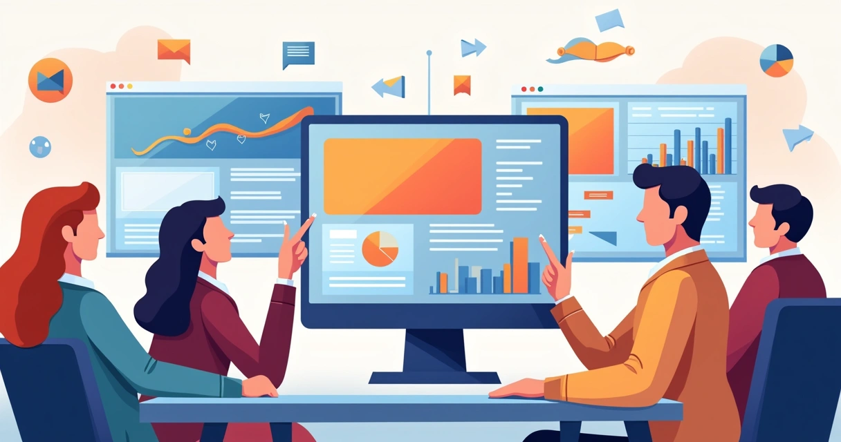 Equipe acompanhando produção automática de texto, vídeo, áudio e gráficos digitalmente 