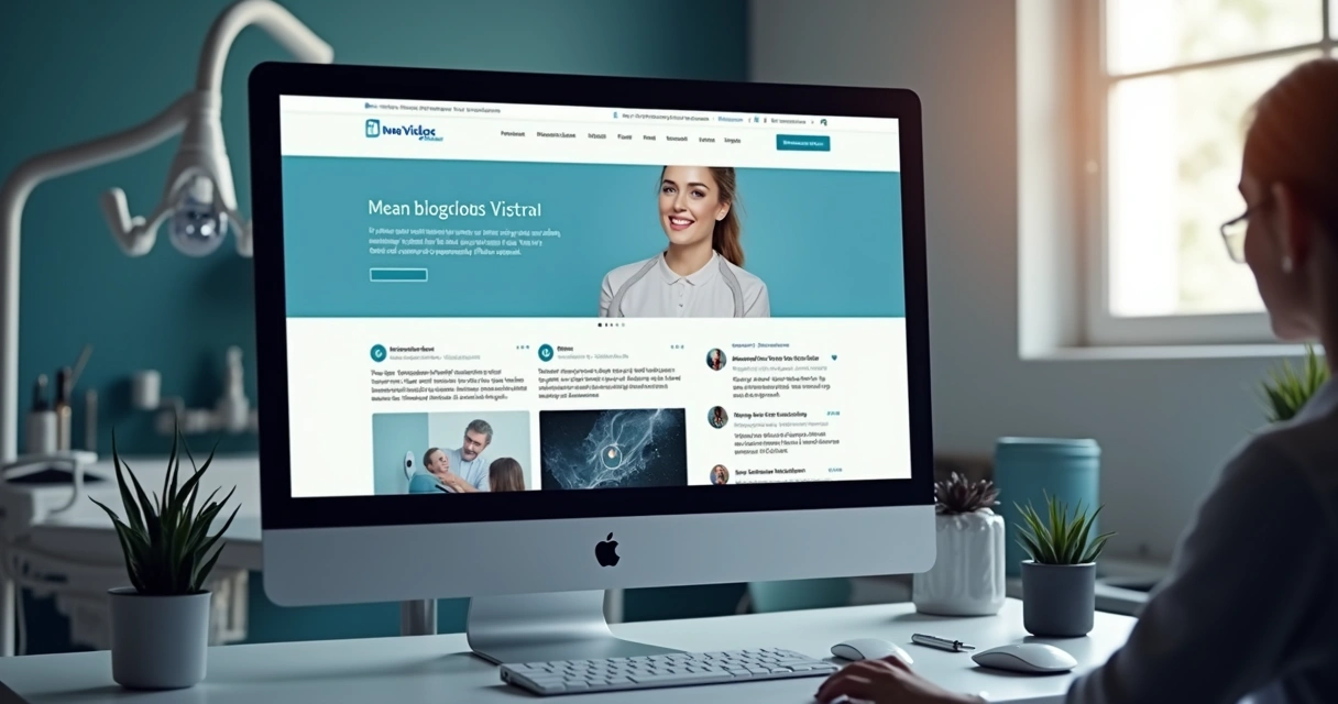 Computador exibindo blog, redes sociais e vídeos odontológicos. 