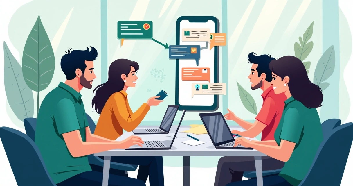 Equipes de marketing analisando conteúdos, ao lado de tela de celular exibindo mensagens do WhatsApp e gráficos de interação