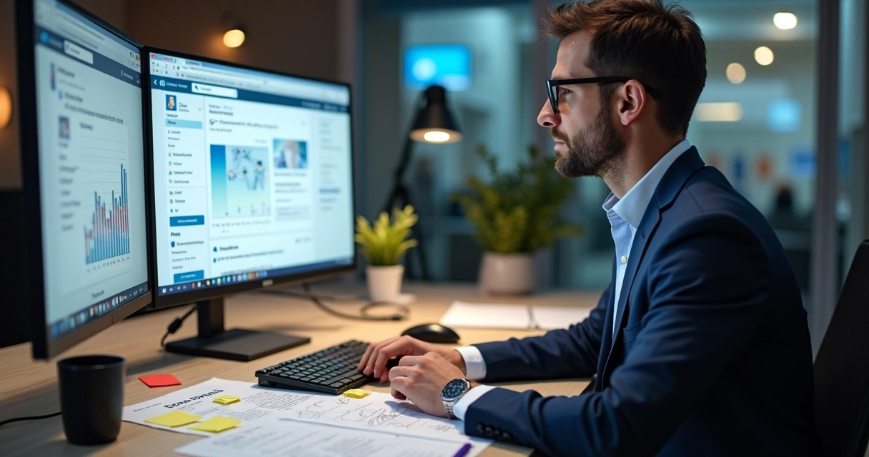 Profissional de negócios criando conteúdo no LinkedIn, tela de computador exibindo gráficos e posts envolventes. 