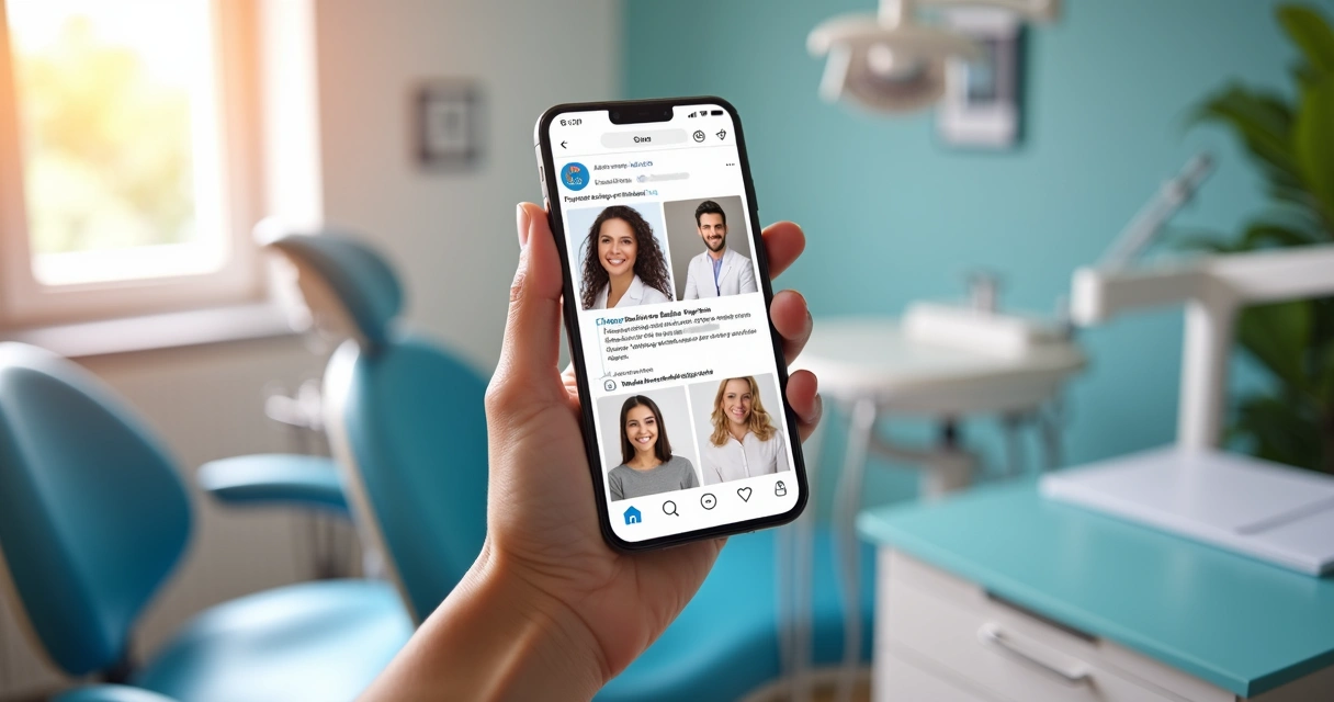 Publicação de clínica odontológica nas redes sociais, mostrando um sorriso saudável 