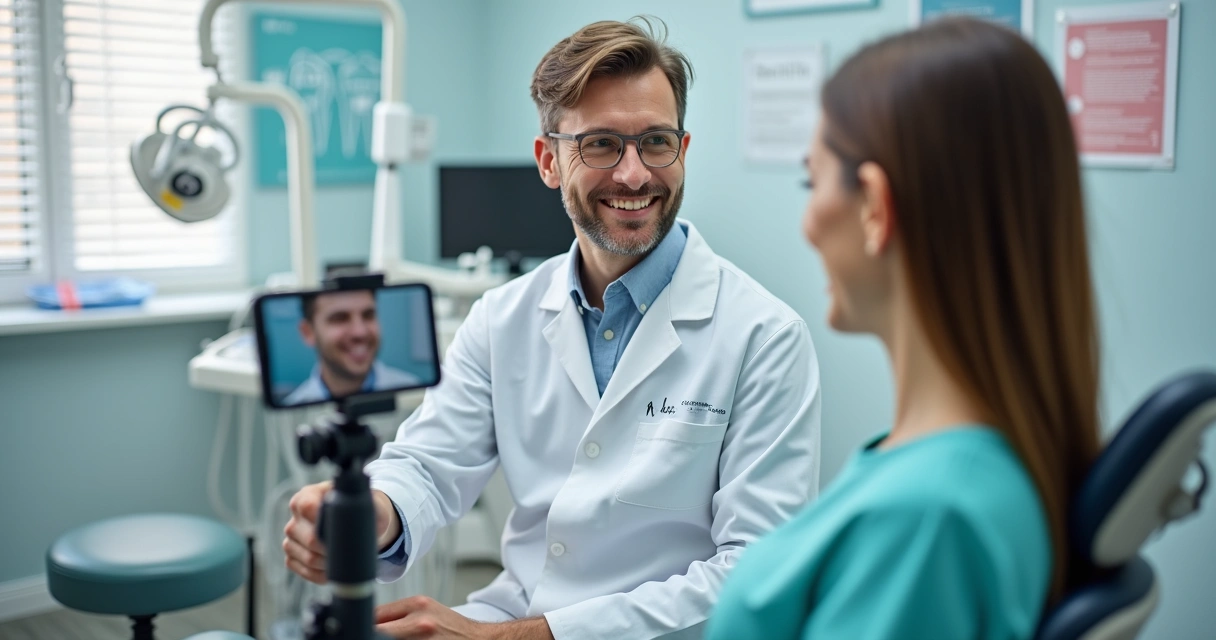 Dentista grava vídeo para redes sociais com paciente em consultório