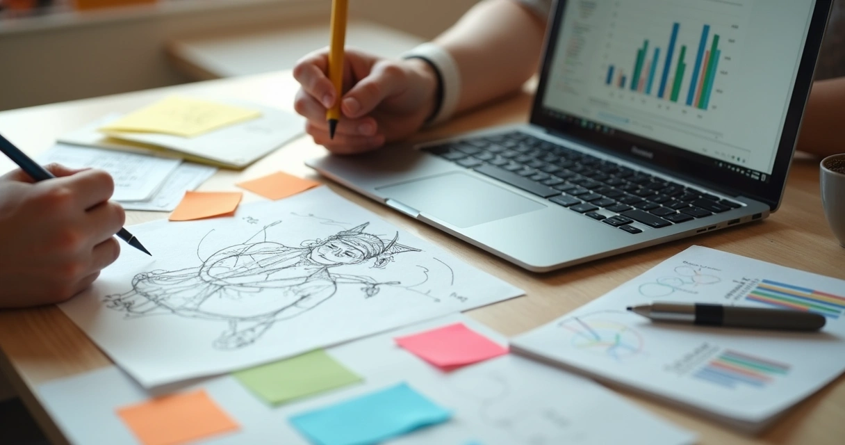 Criativa visualização de processo de criação de conteúdo único