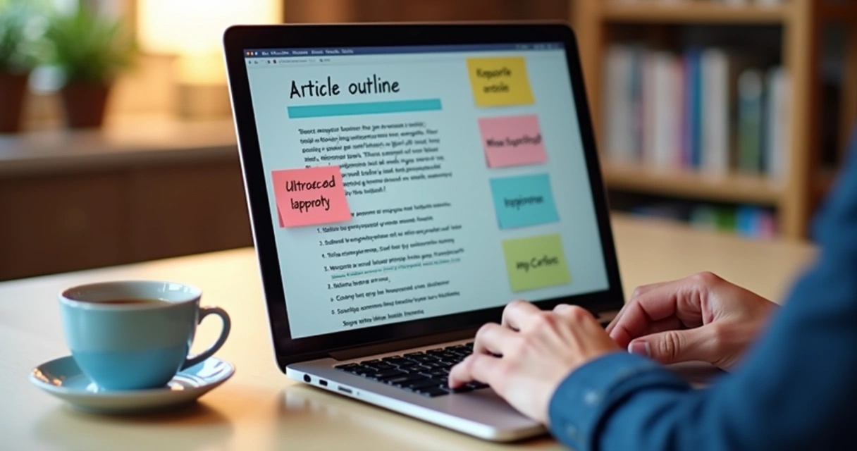 Pessoa digitando conteúdo otimizado em notebook com lista de títulos e palavras-chave visíveis 