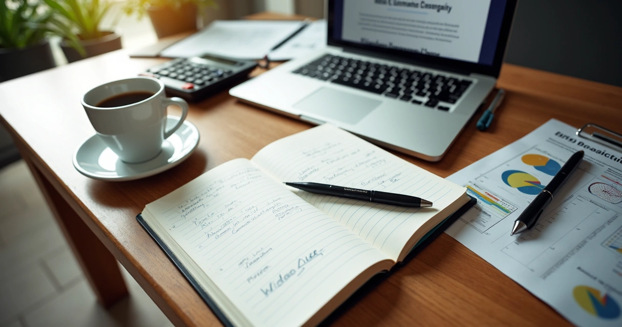 Mesa com caderno, caneca de café e computador com site sobre contabilidade aberto 