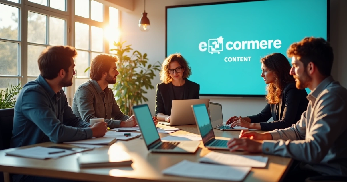 Equipe de marketing digital criando conteúdo para e-commerce 