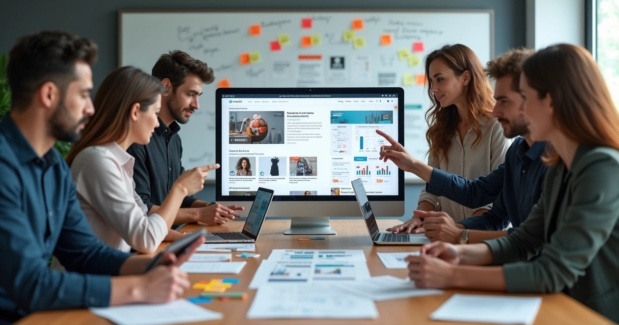 Equipe de marketing analisando conteúdos de e-commerce em telas de computador 