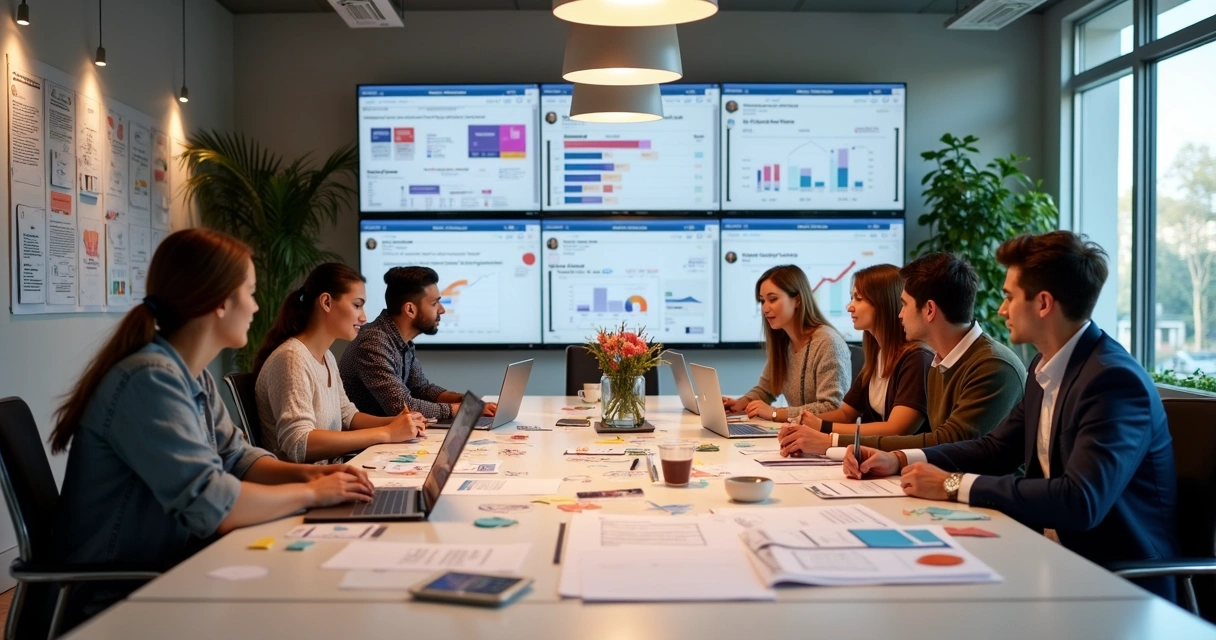 Equipe de marketing desenvolvendo conteúdo personalizado para empresas B2B, quadros com ideias e mockups