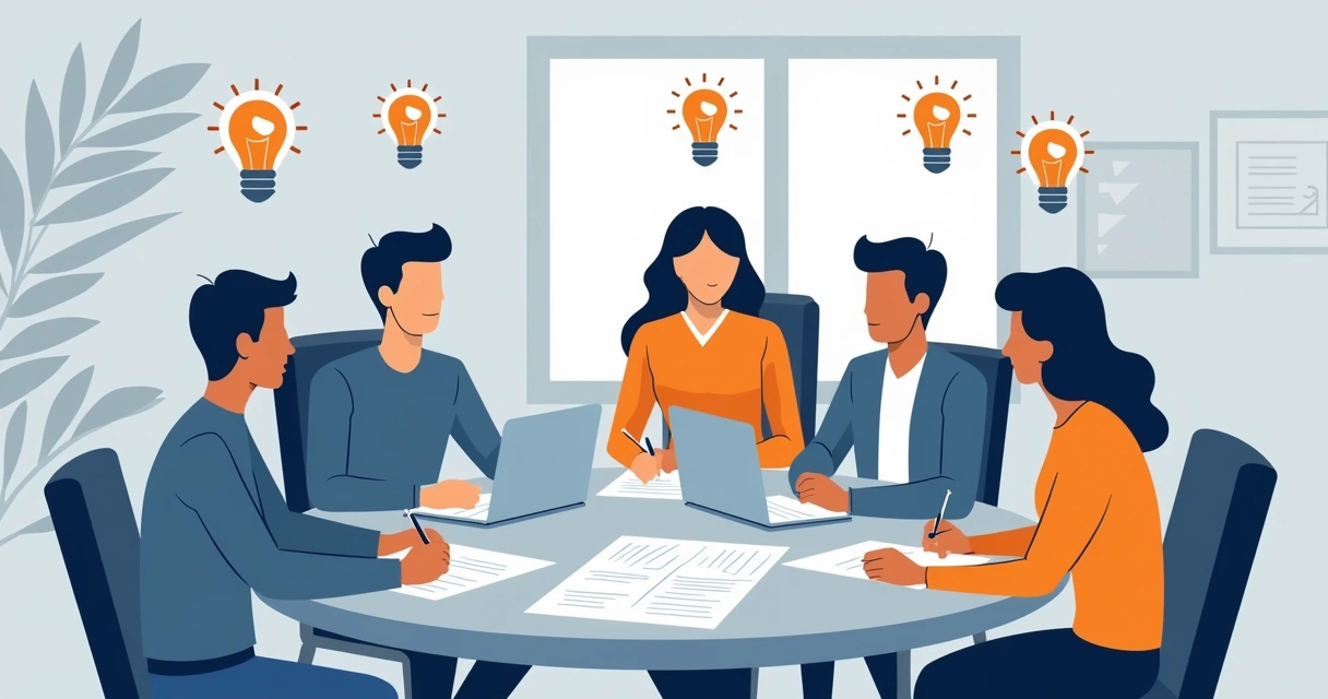 Equipe produzindo conteúdo em torno de uma mesa redonda 