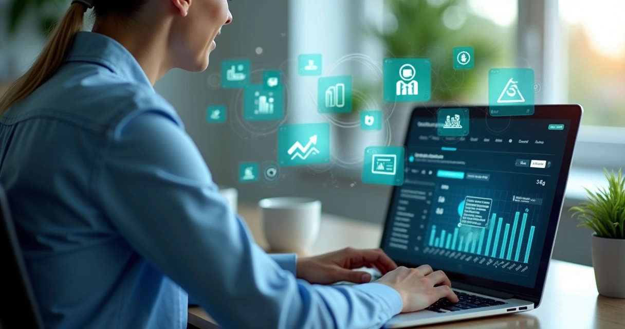 Pessoa usando computador com gráficos de análise de tráfego ao fundo