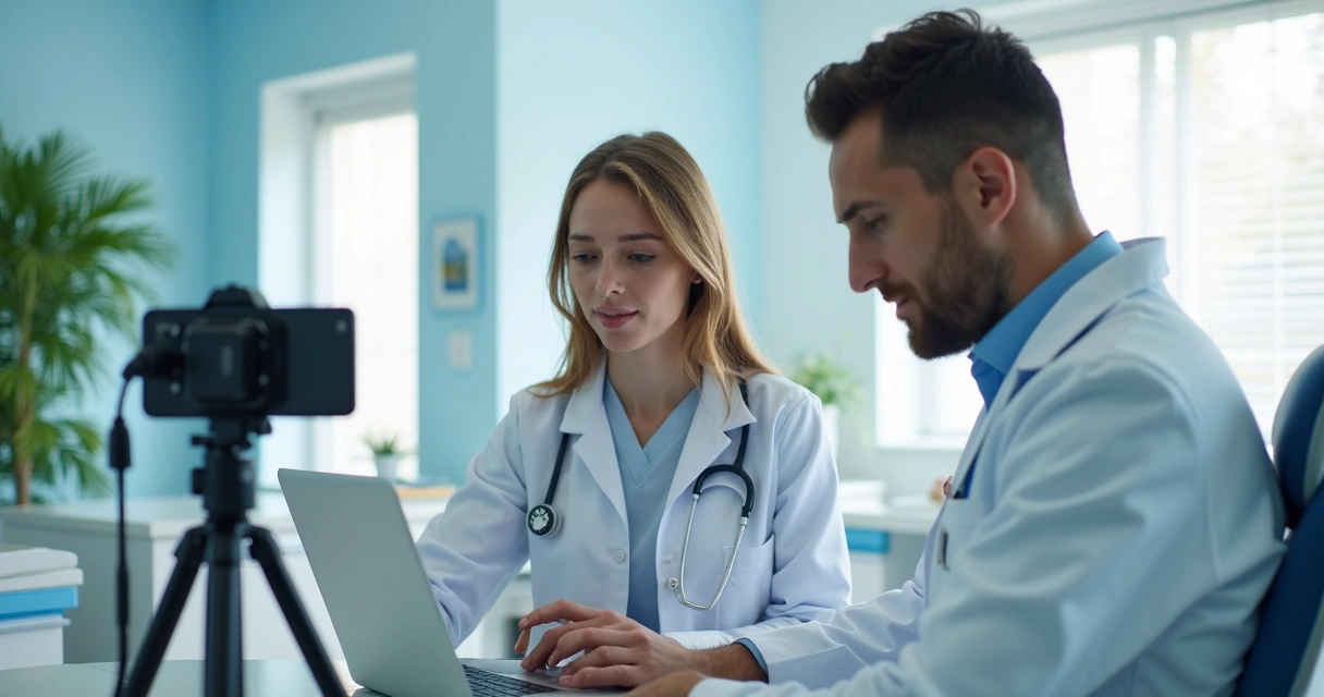 Equipe criando conteúdo para redes sociais de clínica odontológica 