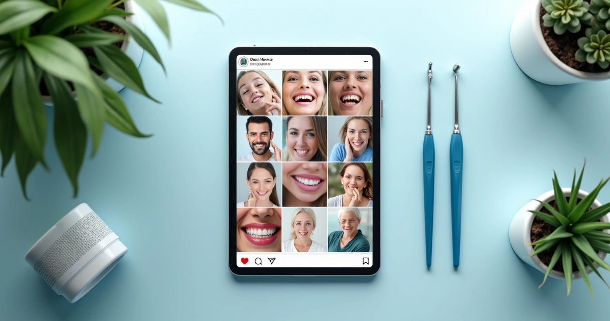Posts educativos de odontologia no Instagram apresentados em um tablet moderno