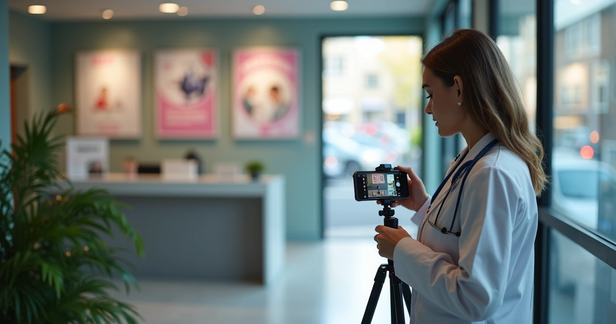 Profissional de saúde gravando vídeo educativo para rede social, ambientado numa clínica com identidade local. 