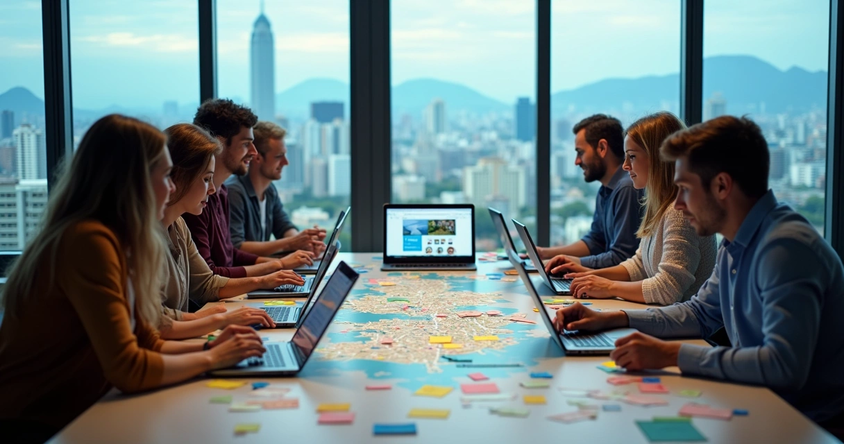 Equipe de marketing digital criando conteúdo sobre Curitiba 