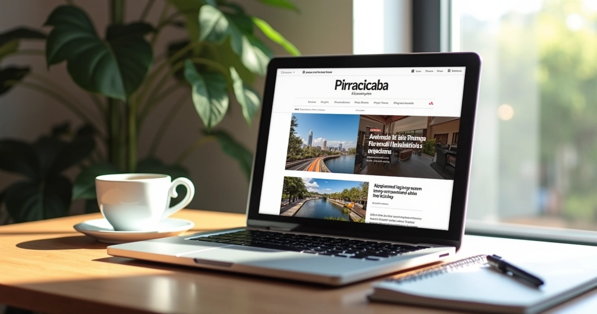 Blog mostrando artigo regional de Piracicaba aberto em notebook 